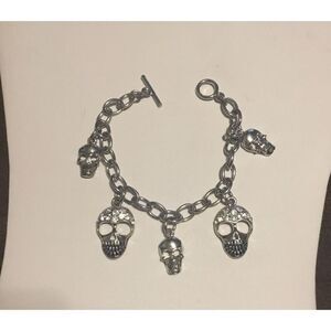 Silver Rhinestone Skull Toggle Bracelet